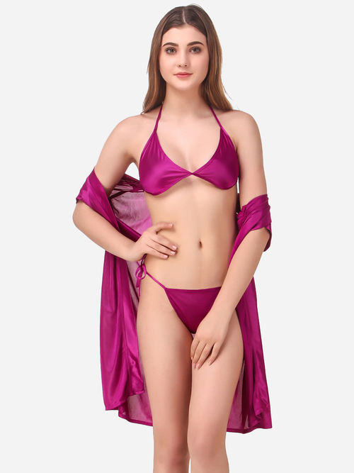 Romaisa Women's Satin Solid Magenta Robe with Lingerie Set