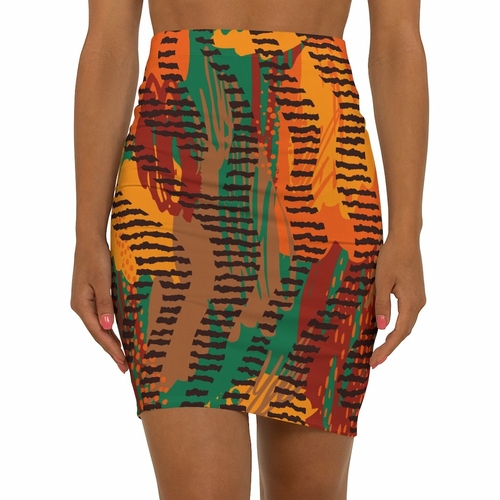 Womens Pencil Skirt - Orange Safari Stretch Mini