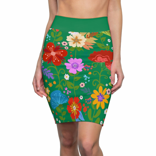 Womens Pencil Skirt - High Waist Stretch - Multicolor Floral Print -
